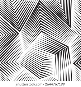 A hypnotic black and white abstract pattern made of dynamic, angled lines forming optical illusions. Ideal for backgrounds, packaging, posters, or modern graphic design.