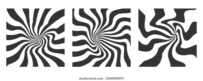 Conjunto de fondo blanco y negro hipnótico. Colección de fondo de líneas Abstractas espirales cuadradas. Marco de ilusión visual de hipnosis.