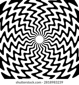 Hypnotic black and white zigzagging lines creating an abstract radial vortex illusion.
