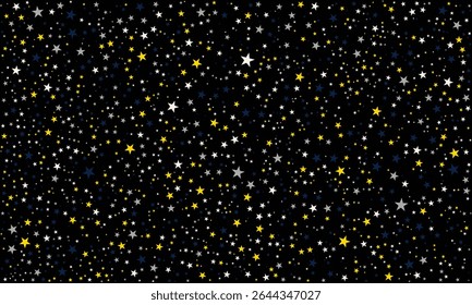 Um padrão celeste hipnótico de estrelas brancas, azuis e amarelas espalhadas no fundo preto, perfeito para projetos de sonho, arte cósmica ou projetos criativos com temas de galáxias.