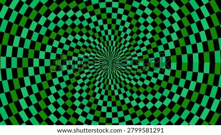 Hypnotic checkerboard spiral with green and black tiles. Circular distorted grid creates psychedelic optical illusion effect.