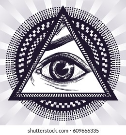 Hypnotic circles with all seeing eye. Sketch of tattoo. New world order. Symbol of power earth.