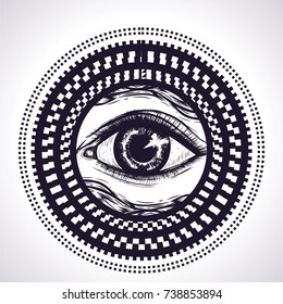 Hypnotic circles with eye. All seeing eye. Vector isolated illustration. Alchemy, occult, sacred. Sketch for tattoo art. Black and white symbol of power.