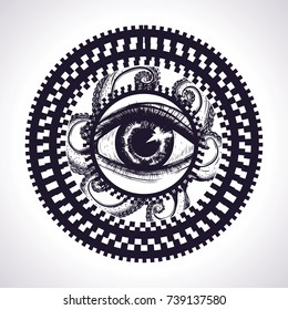 Hypnotic circles with eye tentacles of octopus. All seeing eye. Hand drawn ethnic monster. Vector isolated illustration. Black and white image. Sketch of tattoo. Gears. Mystical symbol.wheel