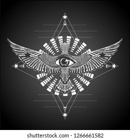 Hypnotic circles with flying bird. Print for t shirt and tattoo art.