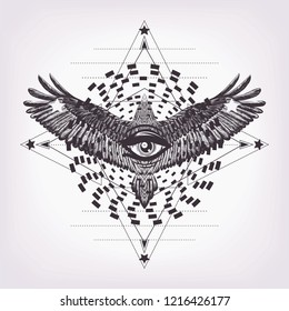 Hypnotic circles and hand drawn owl. Eye of providence. Sacred geometry with flying eagle and all seeing eye. Sketch for print t shirt and tattoo art. Black and white patern. Boho chic. Alchemy.