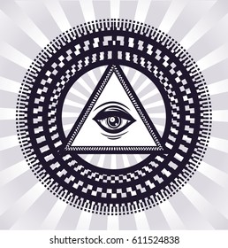 Hypnotic circles with sacred symbol. Sketch of tattoo. New world order. All seeing eye. Vector isolated illustration.