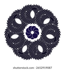 A hypnotic circular mandala featuring spiraling purple segments arranged in radial symmetry. The design blends motion and balance against a striking black background.