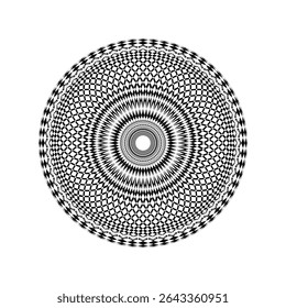 Hypnotic circular pattern. Optical illusion shape. Black geometric distortion. Abstract radial symmetry.