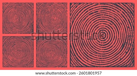Hypnotic Concentric Circles Assorted Handmade Textures Set Vector Red Black Abstract Backgrounds. Mesmerizing Psychedelic Abstraction Art Illustration. Hand Drawn Grungy Textured Circular Pattern