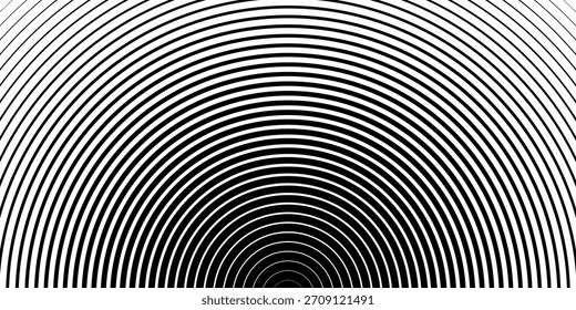 Fundo de círculos concêntricos hipnóticos. Padrão de meio-tom preto e branco abstrato criando uma ilusão óptica de um túnel. Ilustração Vetor Op-art.
