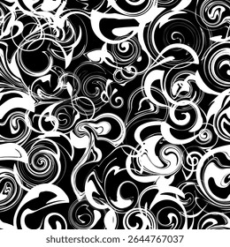 A hypnotic dance of swirling white lines on a stark black background. This abstract pattern is bold, energetic, and ideal for textiles, wallpapers, or digital backdrops.