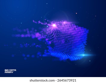 Geometria de Dados Hipnóticos: Partículas 3D brilhantes formam formas em azul profundo. Visual cativante para IA, big data, RV. Possui brilho vibrante, profundidade, energia digital e formas nítidas