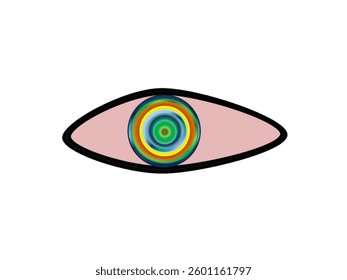 A hypnotic eye with a multicolored, concentric circular pattern in place of the iris. The vibrant colors in the iris create a hypnotic or abstract effect, giving the image a surreal or artistic feel.