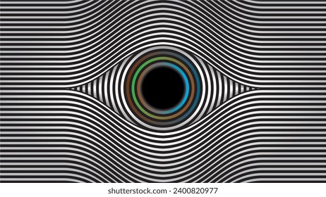 Hypnotic eye on striped illusion background. Dimension 16:9. Vector illustration.