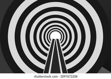 Hypnotic Fascinating Black and White Background. Concentric rings abstract elements. Spiral swirl circles patterns.