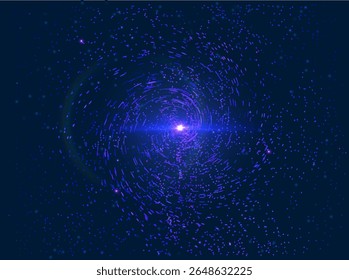 Túnel hipnótico futurista de partículas de dados borradas que se contorcem por um espaço cheio de estrelas. Perfeito para capas de livros de ficção científica, visuais de música ou ambientes metaversos. Plano de fundo do vetor
