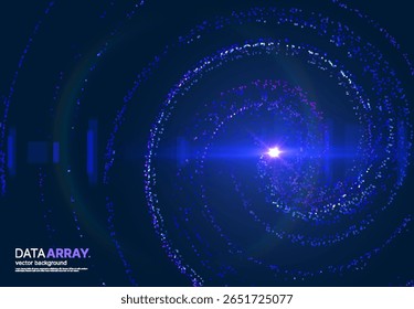 Túnel hipnótico futurista de partículas de dados borradas que se contorcem por um espaço cheio de estrelas. Perfeito para capas de livros de ficção científica, visuais de música ou ambientes metaversos. Plano de fundo do vetor