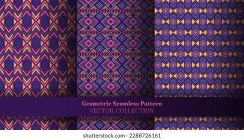 Hypnotic geometric argyle seamless tracery package. Arabic tracery ethnic patterns. Argyle diamond geometric vector seamless texture set. Cover background swatches.