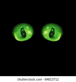 Hypnotic green cat eyes in darkness. Vector illustration