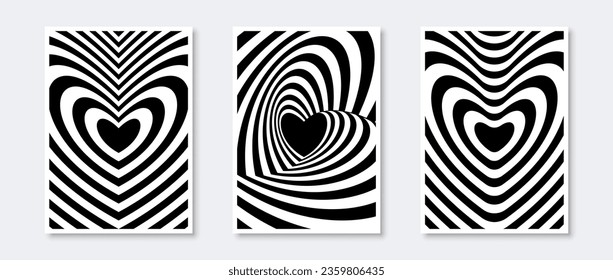 Hypnotic heart posters collection. Valentines optical illusion pattern set. Black and white monochrome heart-shaped op art design for cover, banner, invitation, flyer. Abstract wallpaper pack. Vector