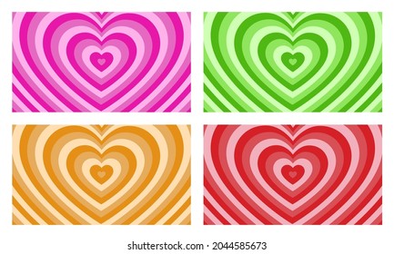 Hypnotic heart shaped tunnel color set. Rainbow retro wallpapper psychedelic 70's background,illustration EPS10.