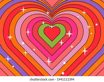 Hypnotic heart shaped tunnel. Rainbow retro wallpaper in the mood of the psychedelic 70's.