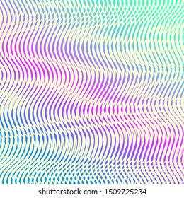 Hypnotic iridescent holographic texture with moire effect. Trendy colorful background in light neon design. For your creative project design cover, book, package, printing, gift card, fashion.