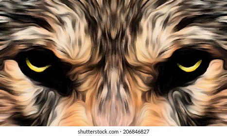 Hypnotic look of wolf. Menacing expression of the very beautiful animal and extremely dangerous beast. Amazing illustration in oil painting blackened style. Great for user pic, icon, label, tattoo.