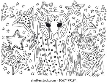 Hypnotic magic owl in stars.
Vector illustration on transparent.
Hand-drawn picture for coloring book.