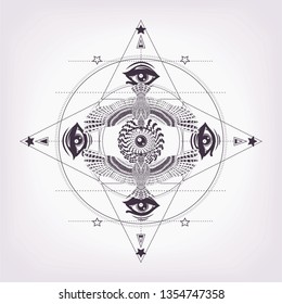 Hypnotic mandala with magic look and wings. Black and white illustration. Sacred geometry for tattoo art of hipster.