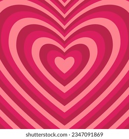 Hypnotic Monochrome background of heart shaped tunnel. Pink and red colors. Rainbow retro wallpapper. Trendy vector illustration in style retro 60s, 70s.