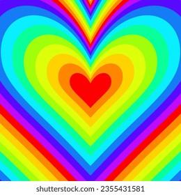 Hypnotic Monochrome horizontal background of heart shaped tunnel. Rainbow bright colors. Trendy vector illustration in style retro 60s, 70s.