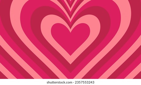 Hypnotic Monochrome horizontal background of heart shaped tunnel. Pink and red colors. Rainbow retro wallpapper. Trendy vector illustration in style retro 60s, 70s.