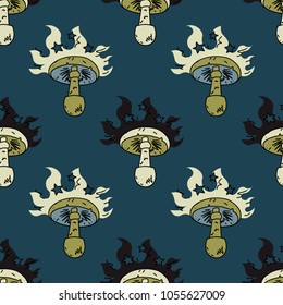 Hypnotic mushroom seamless pattern. Original design for print or digital media.