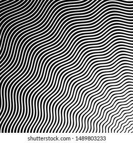 Hypnotic optical illusion pattern using wavy lines with strong contrast in black and white. 