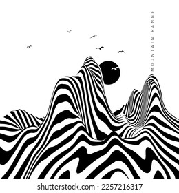 Hypnotic optical vector illustration. Multidimensional waves forming peaks, with sun, seagulls, and "Mountain range" text.