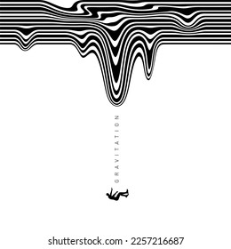 Hypnotic optical vector illustration. Multidimensional waves flowing like a river, with human body, and "Gravitation" text.