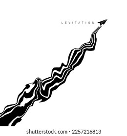 Hypnotic optical vector illustration. Multidimensional waves flowing like a contrail out of a paper plane, and "Levitation" text.