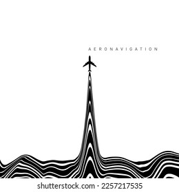 Hypnotic optical vector illustration. Multidimensional waves flowing like a contrail out of an airplane, and "Aeronavigation" text.