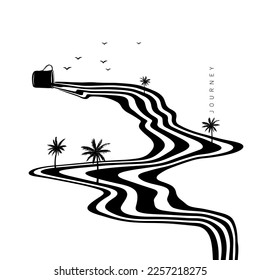 Hypnotic optical vector illustration. Multidimensional waves flowing out of a mug, with palm trees, birds, and "Journey" text.