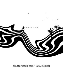 Hypnotic optical vector illustration. Multidimensional sea waves with a surfer, palms, birds, and "Freedom" text.