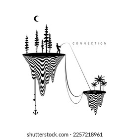 Hypnotic optical vector illustration. Multidimensional waves forming floating islands, with fisherman, trees, and "Connection" text.