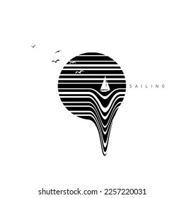 Hypnotic optical vector illustration. Multidimensional sea waves flowing out of a circle, with a yacht, birds, and "Sailing" text.