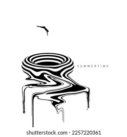 Hypnotic optical vector illustration. Multidimensional waves shaped like a pool, with a swimmer jumping in, and "Summertime" text.
