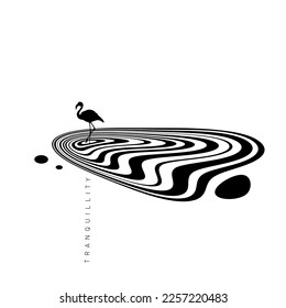 Hypnotic optical vector illustration. Multidimensional waves formed like a pond, with flamingo, and "Tranquility" text.