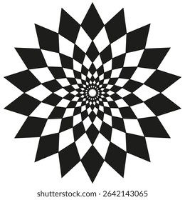 Hypnotic petal vortex. Checkered vector rotation. Spiral black pattern. Optical illusion shape.