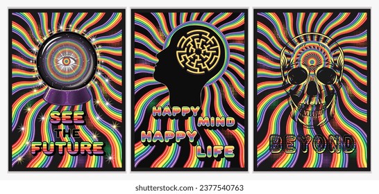 Hypnotic posters with magic ball, skull, human head, rainbow beams, text. Concept of expanded consciousness, psychic abilities, hypersensitive perception. Vintage style