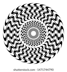 Hypnotic rosette of wavy lines. Flat geometric ornament. Round seamless pattern.