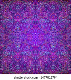 Hypnotic shamanic acid seamless pattern. Hand drawn design in ethnic Indian style. Mystic abstract background, hippie and boho texture. Occult and tribal fusion vector trippy  wallpaper.  